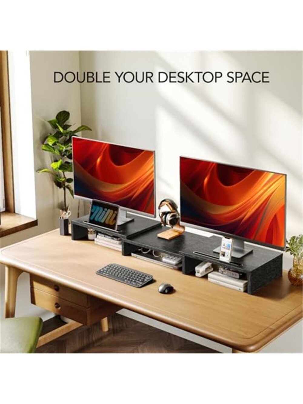 Dual Monitor Stand Riser Adjustable Length Desk Organizer Storage Shelf - Picture 3 of 6